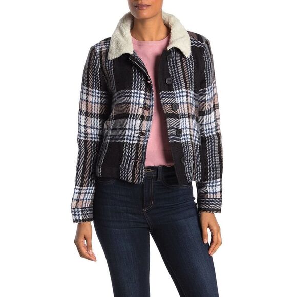 Susina Faux Shearling Collar Black White Plaid Cropped Jacket Womens L NWT - Picture 7 of 7